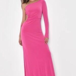 Lulus NWT Sweet Pink Long Sleeve One-Shoulder Side Cutout Maxi Dress Small